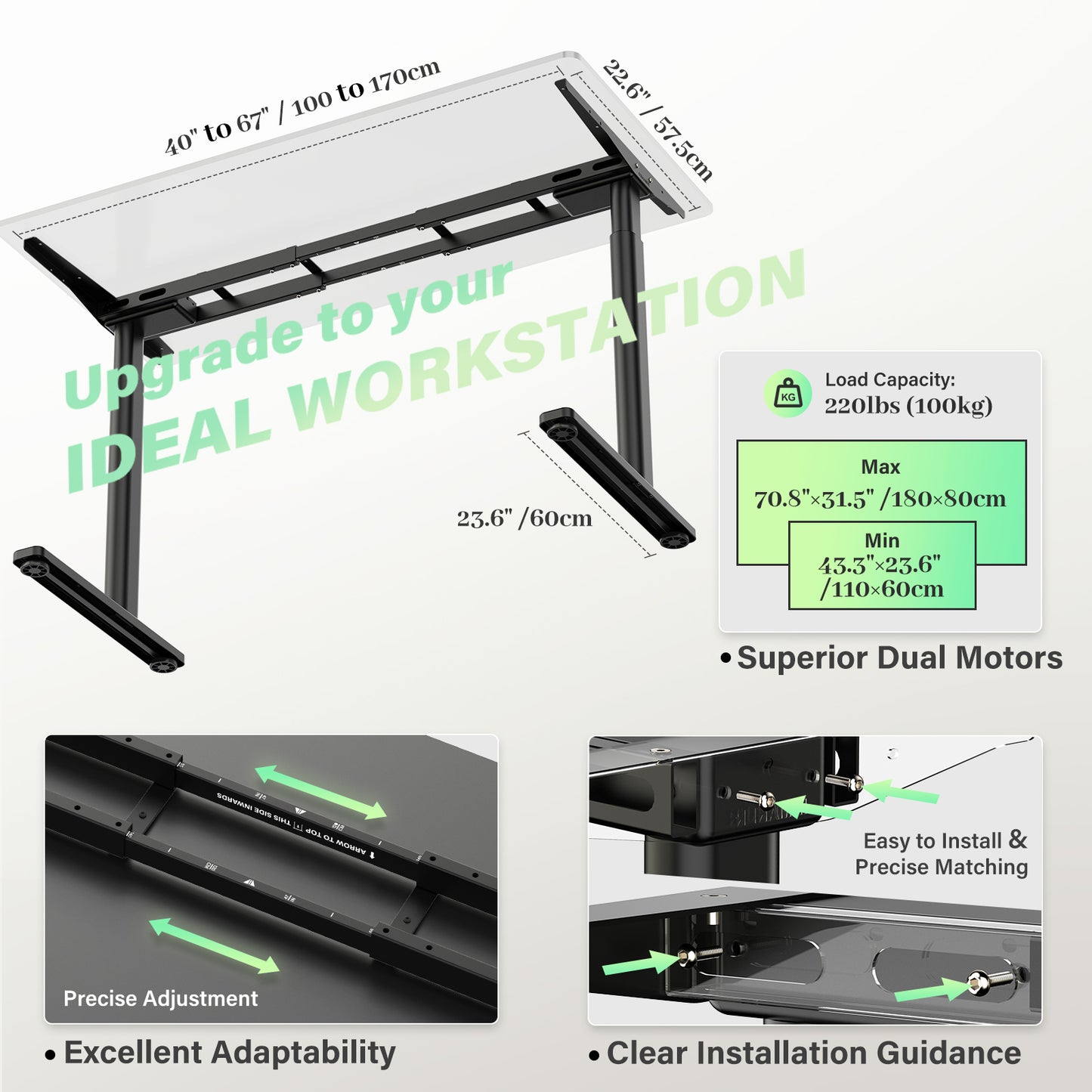 INMAKER Sit-Stand Workstations, 2 Height Version Adjustable Desk Legs, Dual Motors Sit Stand Desk Frame, Electric Desk Base for Desktop 43.3" to 70.8"(Frame only)